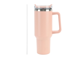Botella isotérmica de 1,2 litros con pajita y asa, de acero inoxidable, color rosa.