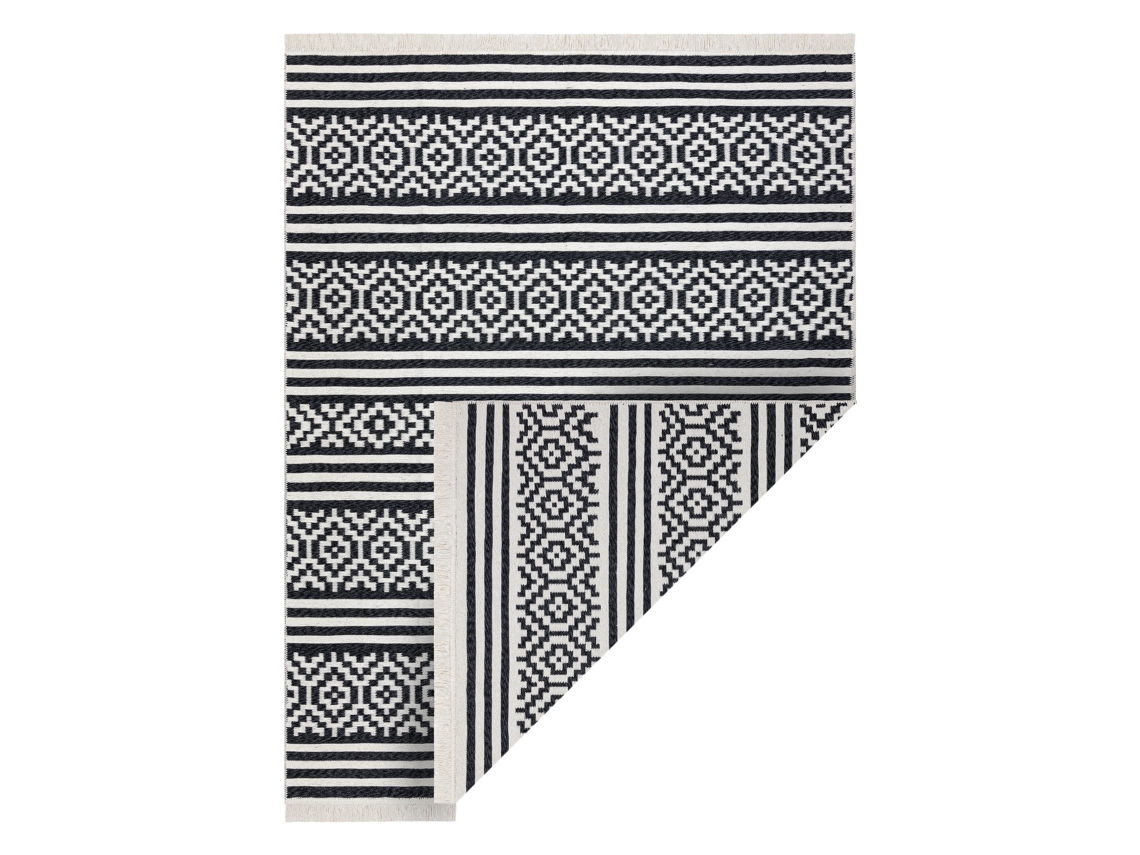 Alfombra Twin 22996 Geométrica, Rayas Algodón, Doble Cara, Flecos Ecológicos - Negro/Crema (60 x 90 cm)