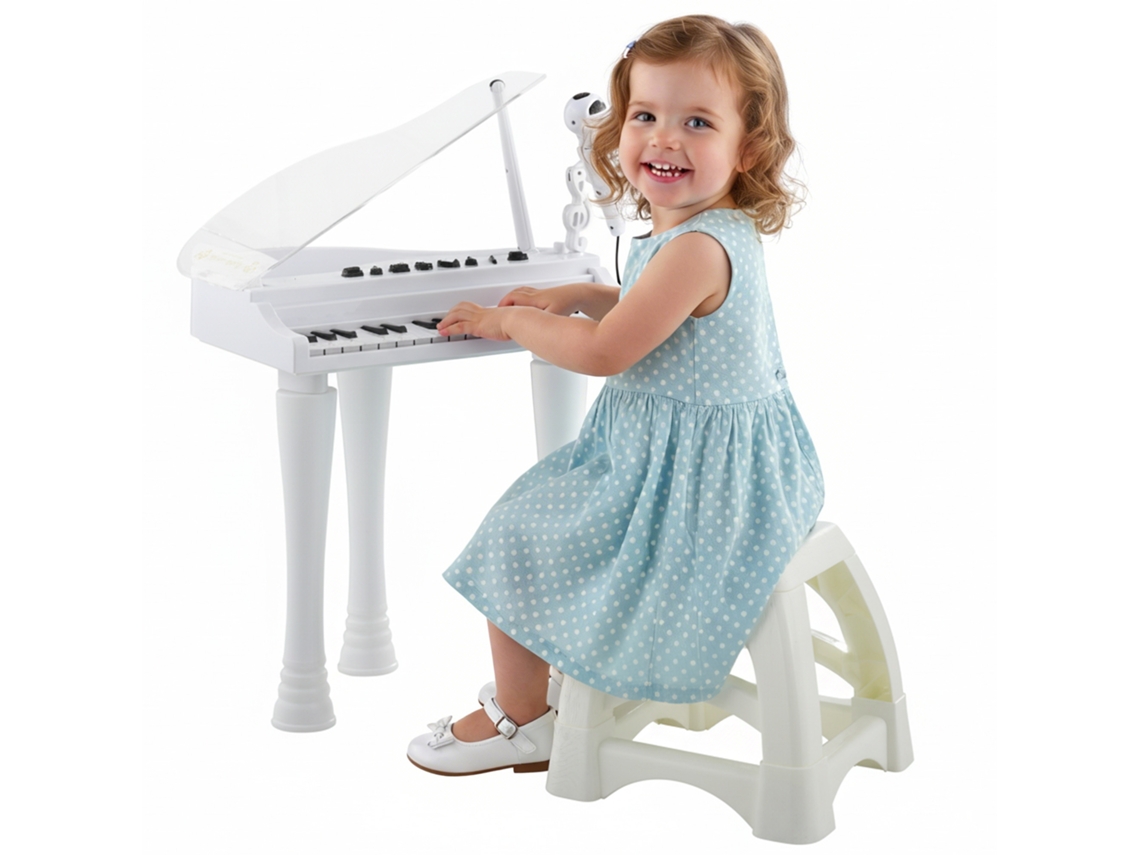 Piano electrónico infantil de 32 teclas, con micrófono y LED blanco.