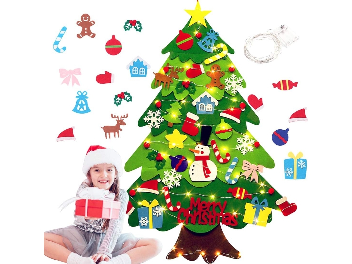 Árbol de Navidad de fieltro para armar, con 30 adornos y luces para colgar en la pared, ergonómico, para uso diario STELASPLEN