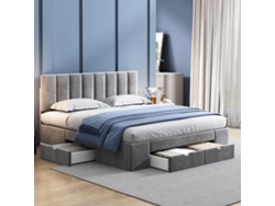 Cama Doble De 160x200 Cm, Terciopelo Gris, 4 Cajones, Base De Láminas.
