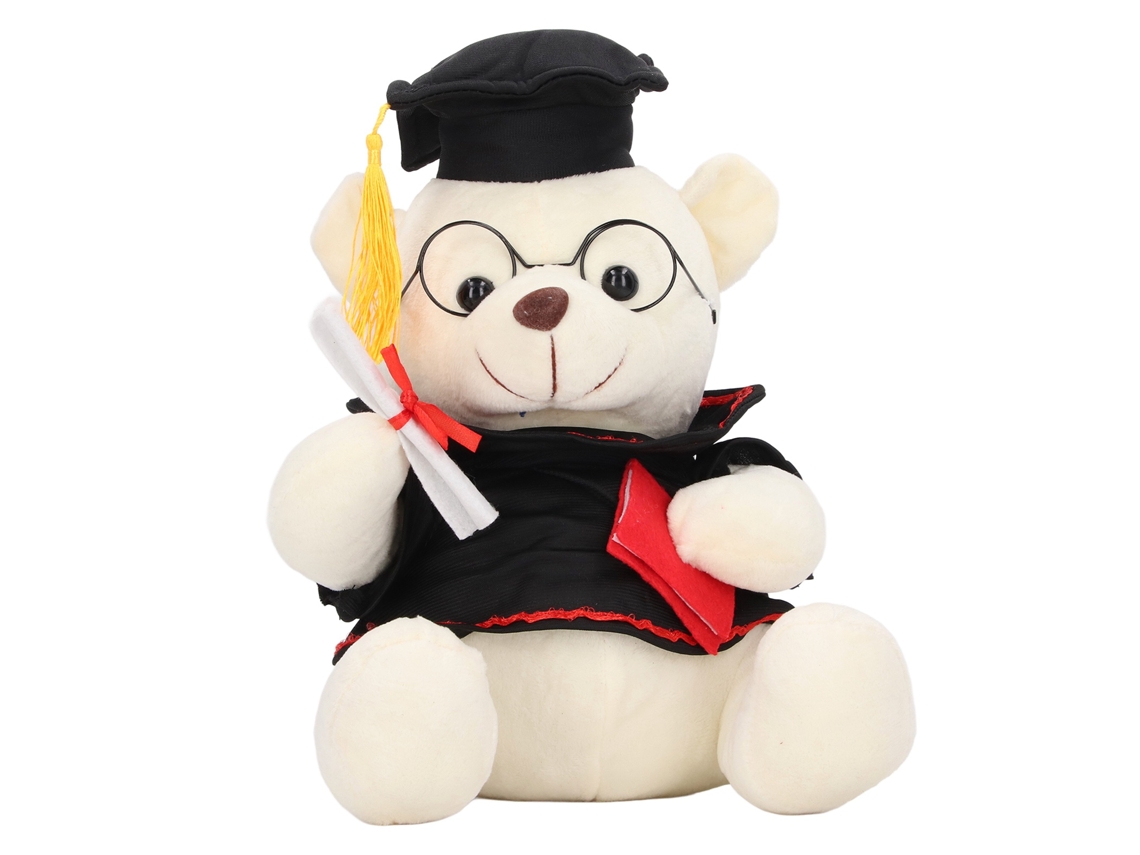 Rebe - Pequeno Urso de Pelúcia com Vestido, Chapéu e Diploma, Boneco de Pelúcia, Presente de Formatura, Branco