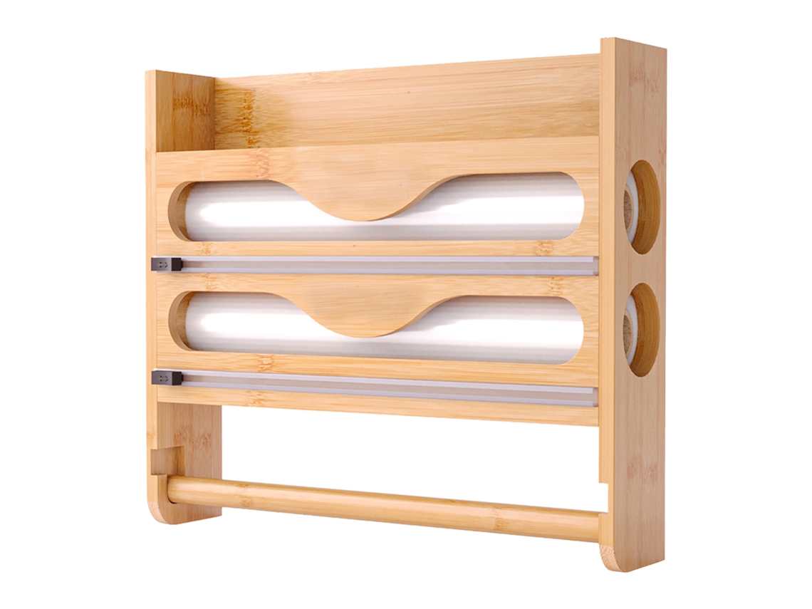 Relaxdays Soporte De Pared 3 En 1 Para Rollos De Cocina, Aluminio Y Film, Bambú, Hxanxprof: 27 X 35 X 7 Cm, Natural