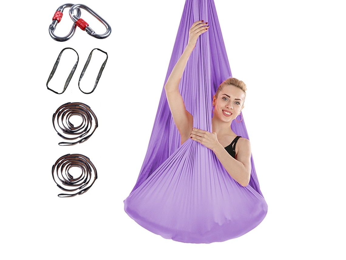 Hamaca de yoga de 400 x 280 cm con correa de extensión y cierre (morado claro)