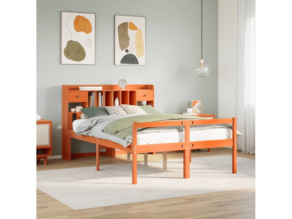 Cama Con Estantería Sin Colchón Madera Maciza Marrón 160x200 Cm