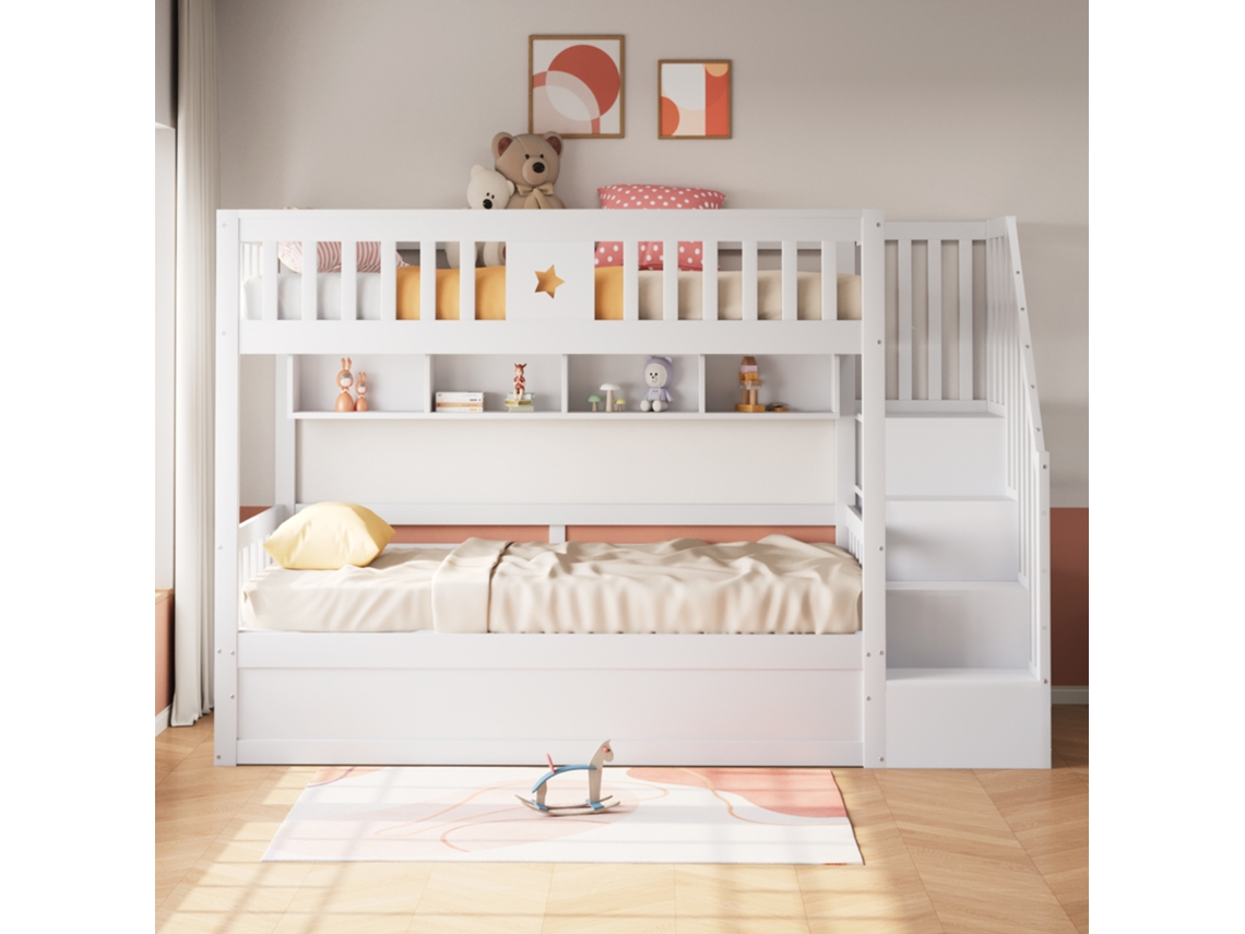 Cama alta multifuncional de 90 x 200 cm, cama inferior hidráulica, escalera con almacenaje y estantes integrados, estilo blanco.