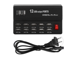 Cargador rápido USB de 12 puertos para dispositivos domésticos y móviles.