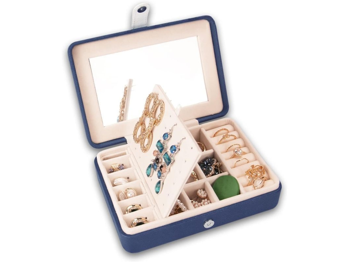 Organizador De Joyas Portátil Con Espejo Y Compartimentos Para Anillos Pendientes Azul Marino