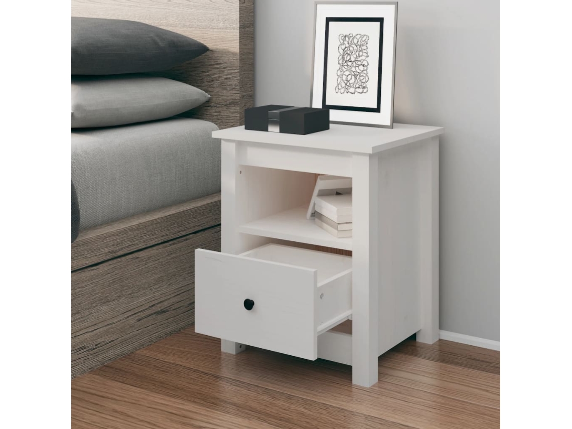 Mesita de Noche 40X35X49 Cm Madera de Pino Maciza Blanco