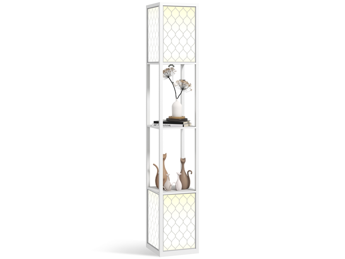 Candeeiro De Pé De Madeira Com Estantes Lâmpada E27 Máx. 40w Com Interruptor 26x26x156 Cm Branco