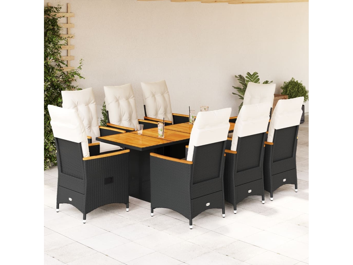 Juego de comedor de jardín de 9 piezas con cojines de mimbre negros de DKD Home Decor