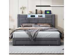 Cama De Matrimonio 140x200 Cm Con Almacenaje - Cama Tapizada Con 4 Cajones, Luz Rgb Y Usb/type-c - Terciopelo Gris Moderna Cabecero