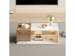 Mesa de centro de 105 x 50 x 36 cm con tira de luz LED y espacio de almacenaje, estilo blanco natural.