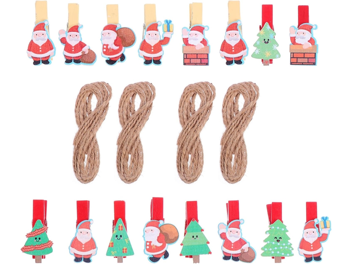 40 Pinzas Madera Fotos Cuerda Diseños Navideños Decoración Festiva Papá Noel