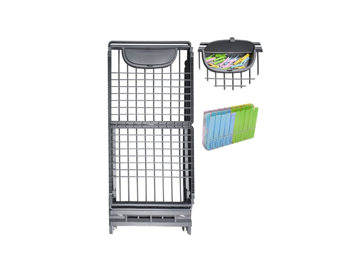 Tendedero Plegable Con Ruedas De Resina Con 21m De Tendido Clips Para Perchas Y Cierre De Seguridad Incluye Cajón Para Pinzas Gris Perla