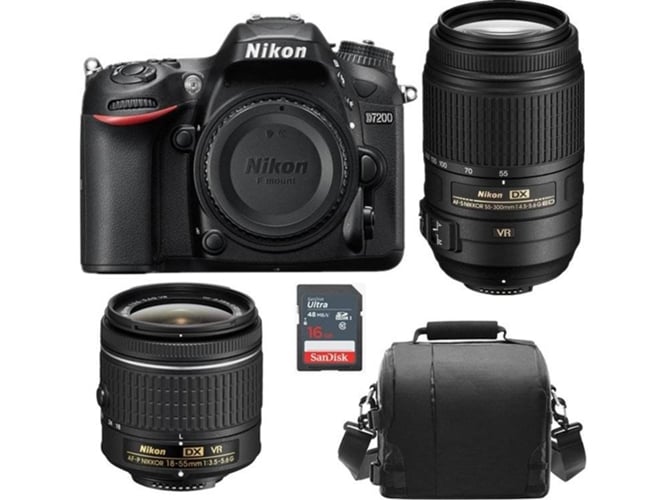 Kit Cámara Réflex NIKON D7200 + AF-P DX 18-55mm F3.5-5.6G VR + AF-S DX 55-300MM F4.5-5.6G ED VR + Bolsa + 16GB SD