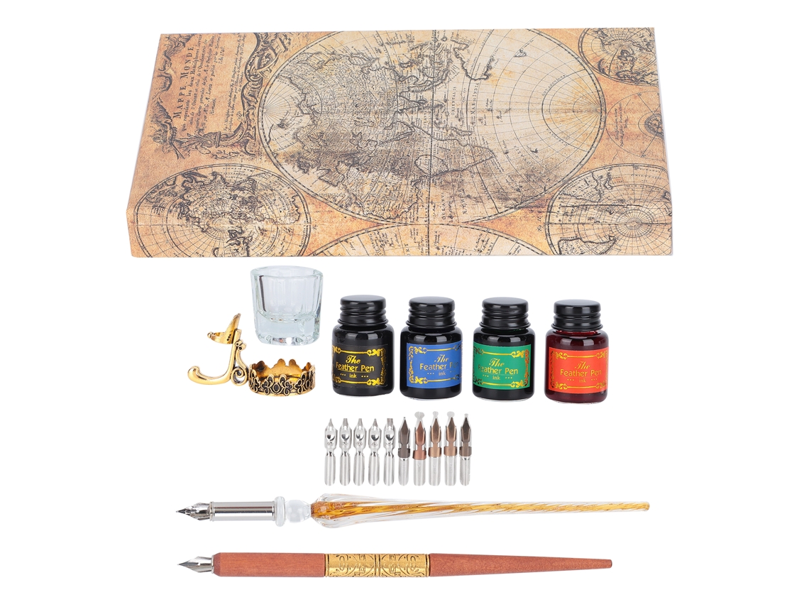 Kit De Pluma De Inmersión 24x13.5x4.3cm Con Puntas Planas Redondas Y Portatinta Para Escritura Dibujo Caligrafía (pluma De Vidrio Fire Color)