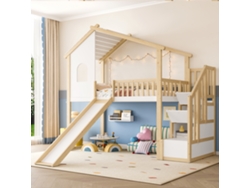 Litera Infantil De 90x200 Cm Con Escalera, Almacenamiento Y Tobogán, Casita De Madera Blanca.