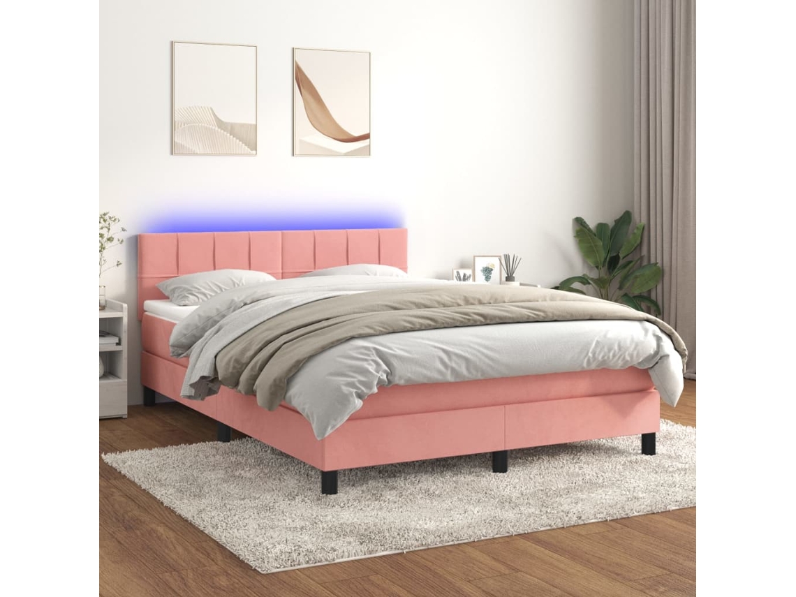 Cama Box Spring Colchón Y Led Terciopelo Rosa 140x200 Cm