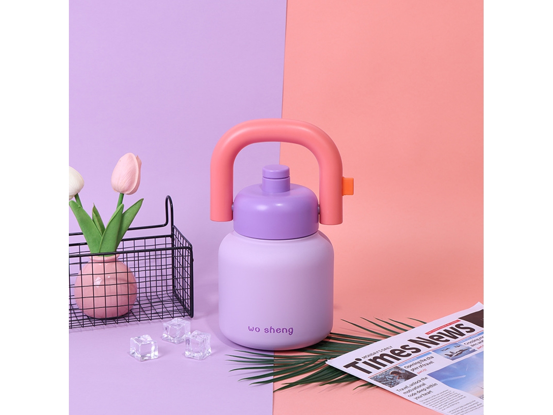Termo portátil morado con pajita, vaso portátil para dos bebidas y boca ancha. Sfushos