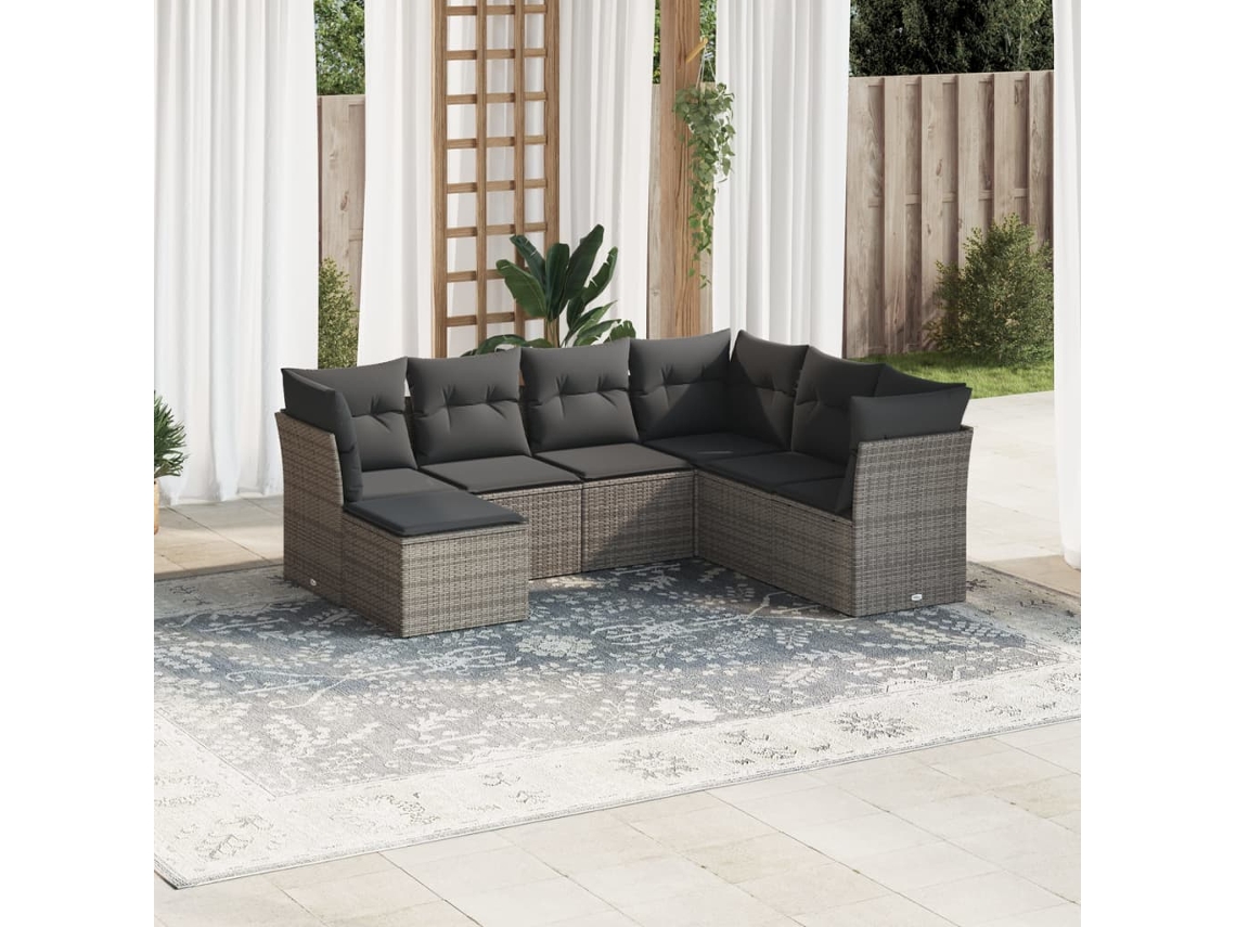 Conjunto de sofá de jardín de 7 piezas con cojines, mimbre gris, DKD Home Decor