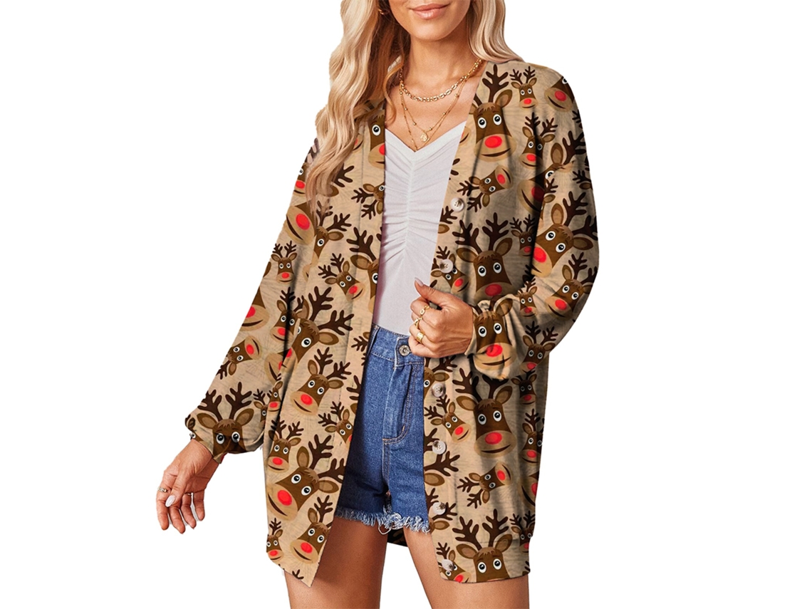 Rebe-chaqueta Cardigan Para Mulher Com Manga Longa Estampado De Natal Lapela Simples Casual Moda Khaki Tamanho M