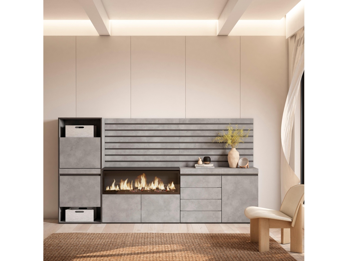 Zapatero, 274x145x35 cm, Dormitorio, habitación, Chimenea eléctrica XXL, Cómoda, Cajonera, Listones Decorativos, Cemento SKRAUT HOME