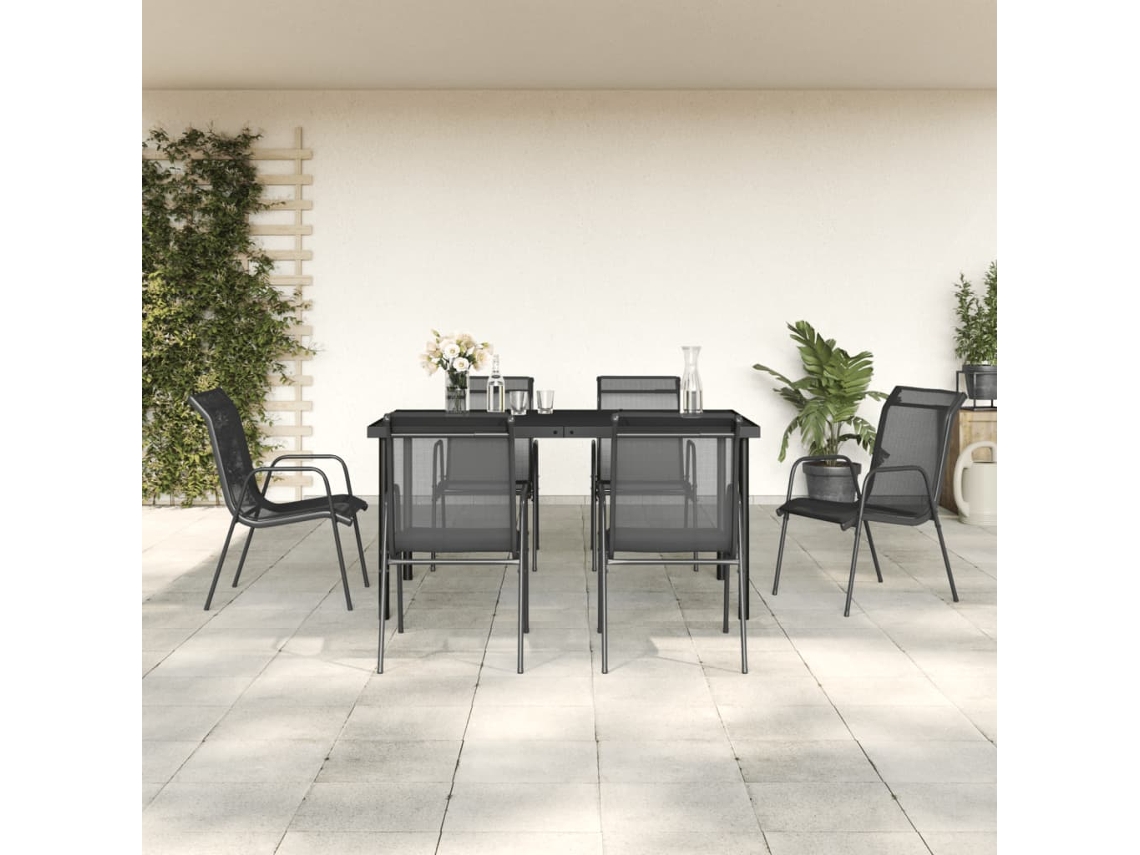 Juego de comedor de jardín de 7 piezas, acero y textileno negro, Dkd Home Decor