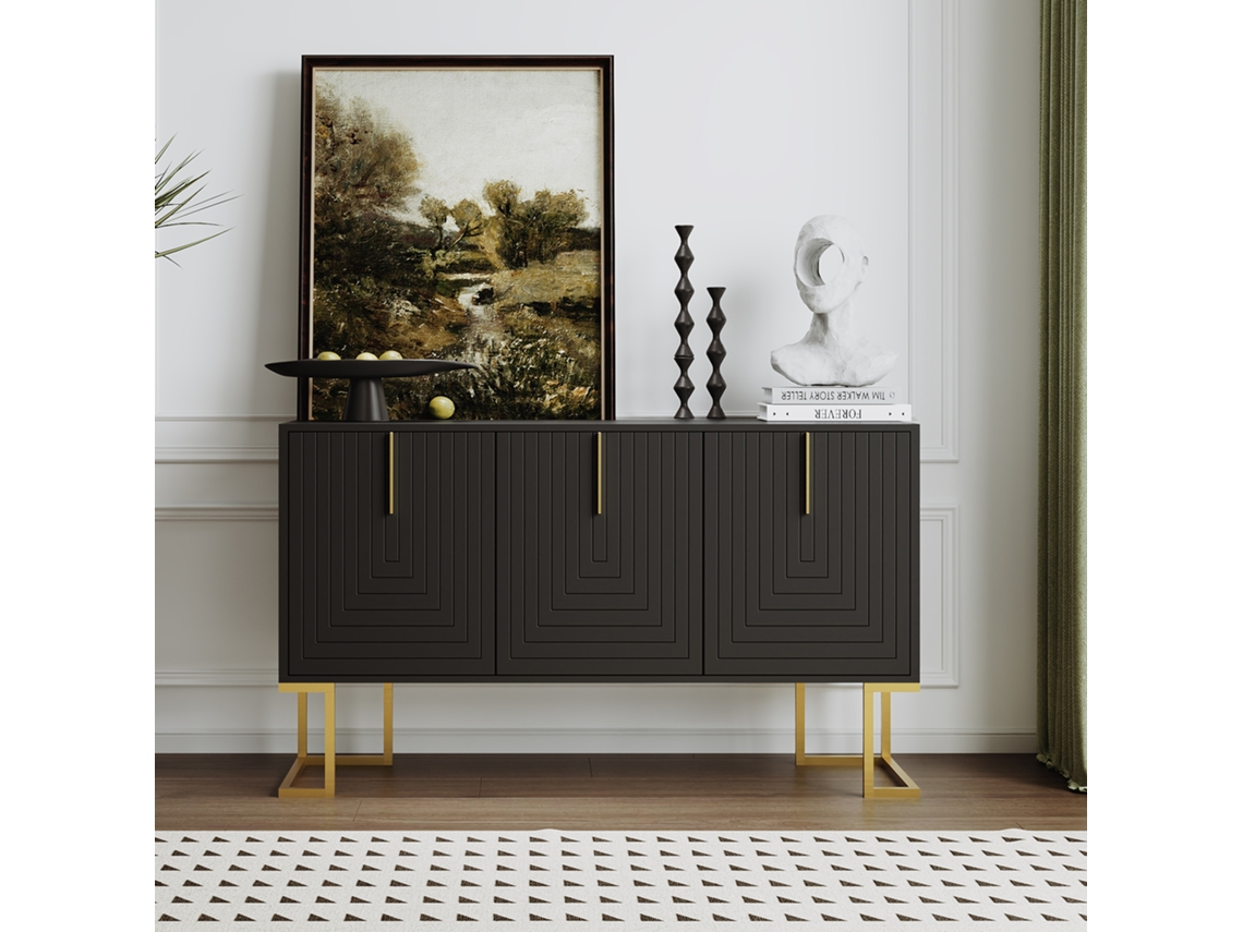 Aparador moderno con estantes regulables, 3 puertas en forma de U, tiradores y base de metal negro.