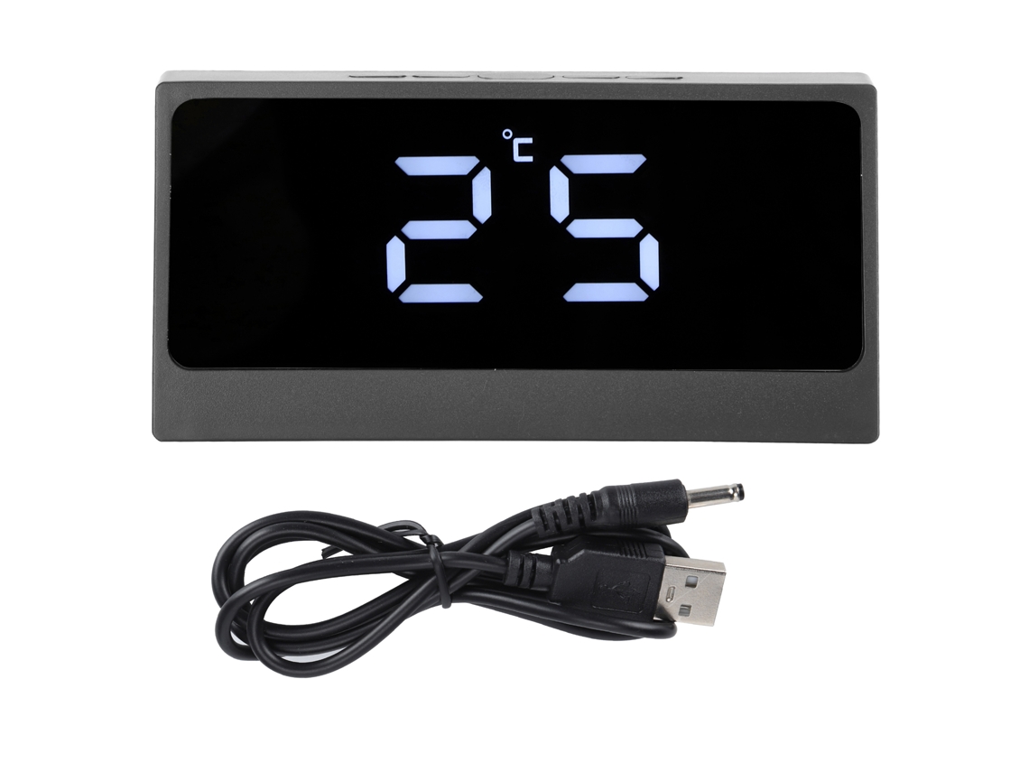 Reloj despertador digital LED inteligente con temperatura y espejo de maquillaje negro luminoso.
