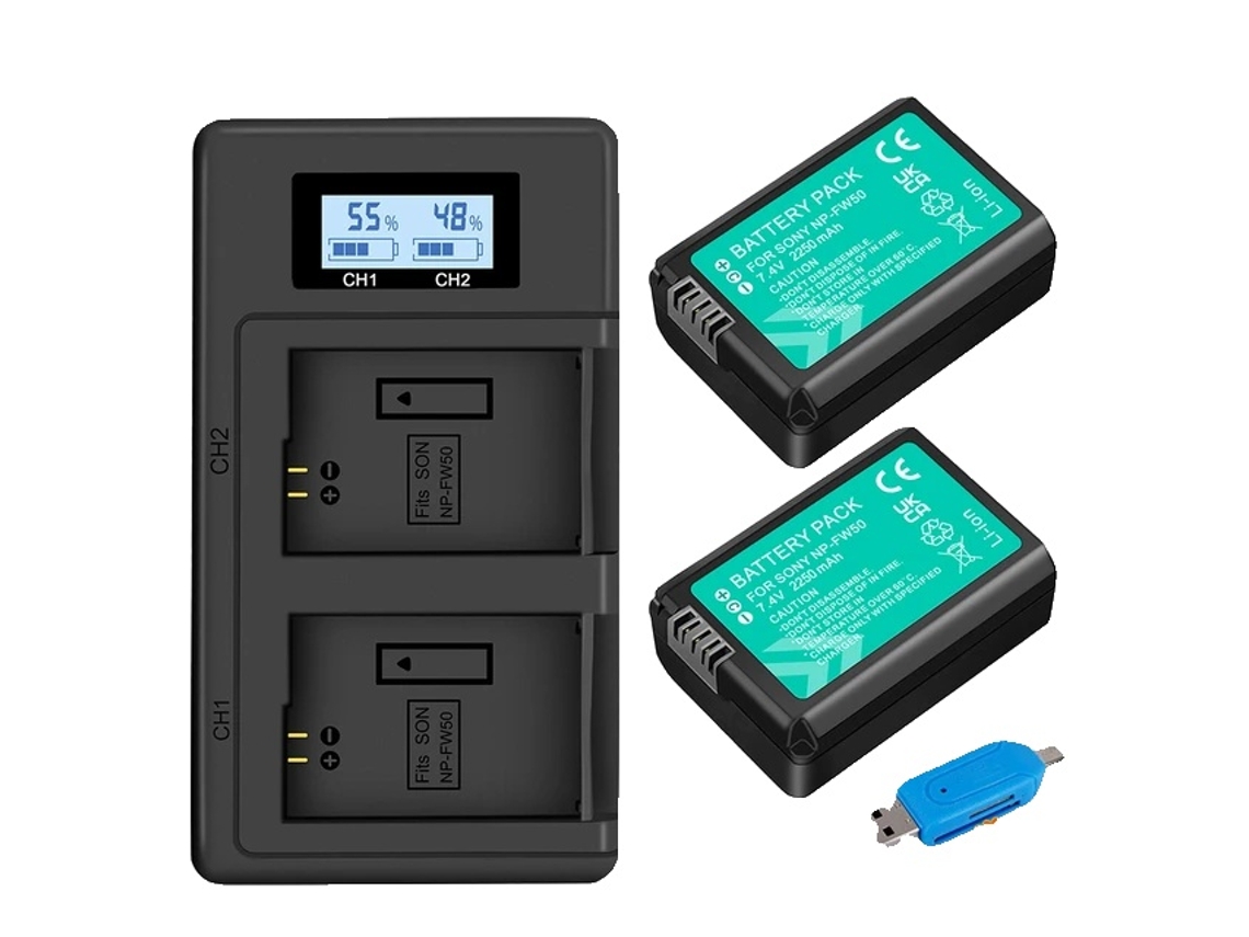 Batería Sony NP-FW50, larga duración, compatible con varias cámaras Sony Alpha, 2 baterías y cargador OEM