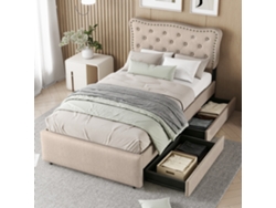 Cama Tapizada De 90x200 Cm, Acabado En Beige Oscuro, Tachuelas Decorativas, 2 Cajones De Almacenamiento, Somier De Láminas.