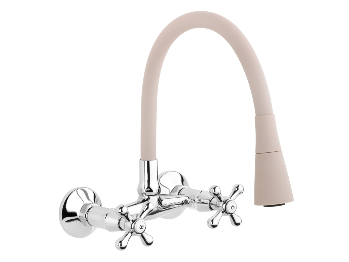 Grifo de Cocina INVENA de Boquilla Elástica En Beige con Acabado Cromado, Montado En La Pared con Cruces de Palanca