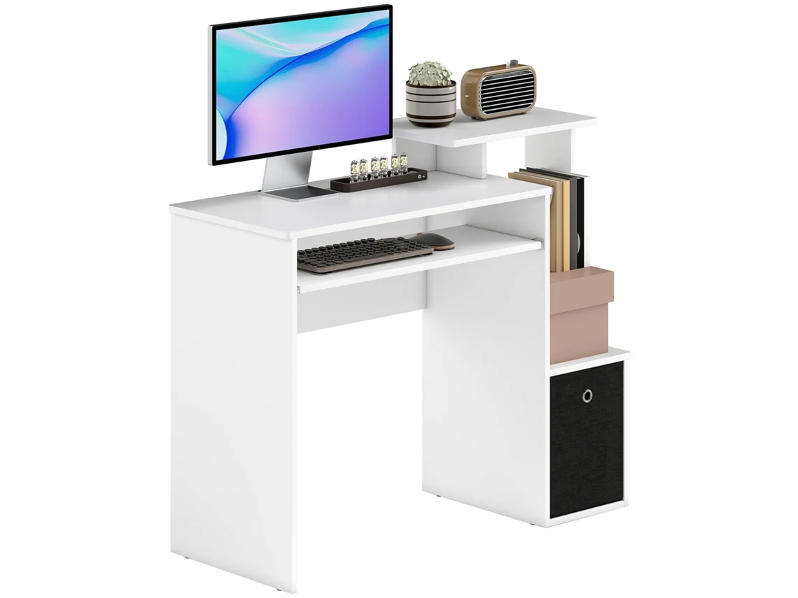 Escritorio multimedia para ordenador con soporte para teclado y panel para tableta - Blanco y negro