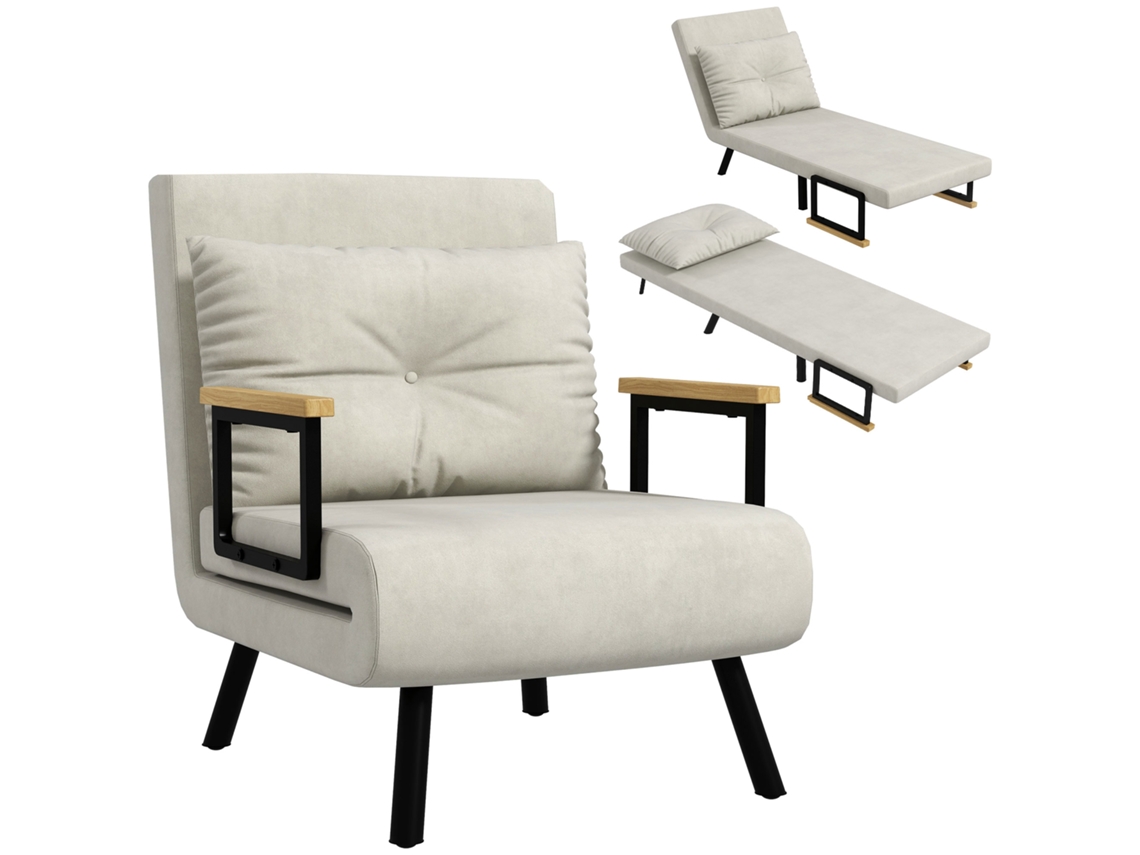 Sillón/cama Convertible 4 En 1 Con Respaldo Ajustable En 5 Posiciones, Reposabrazos Y Cojín De Madera, Tejido Efecto Terciopelo, Color Crema.