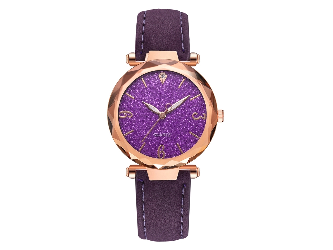 Reloj De Pulsera De Cuarzo Para Mujer Con Bisel Redondo Y Correa De Piel Sintética Morada.