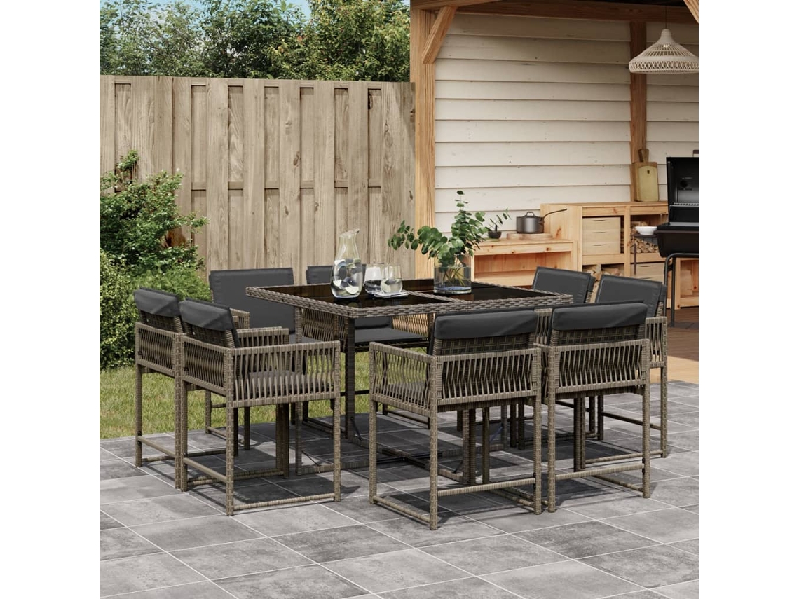 Conjunto de comedor de jardín DKD Home Decor de 9 piezas con cojines, ratán gris