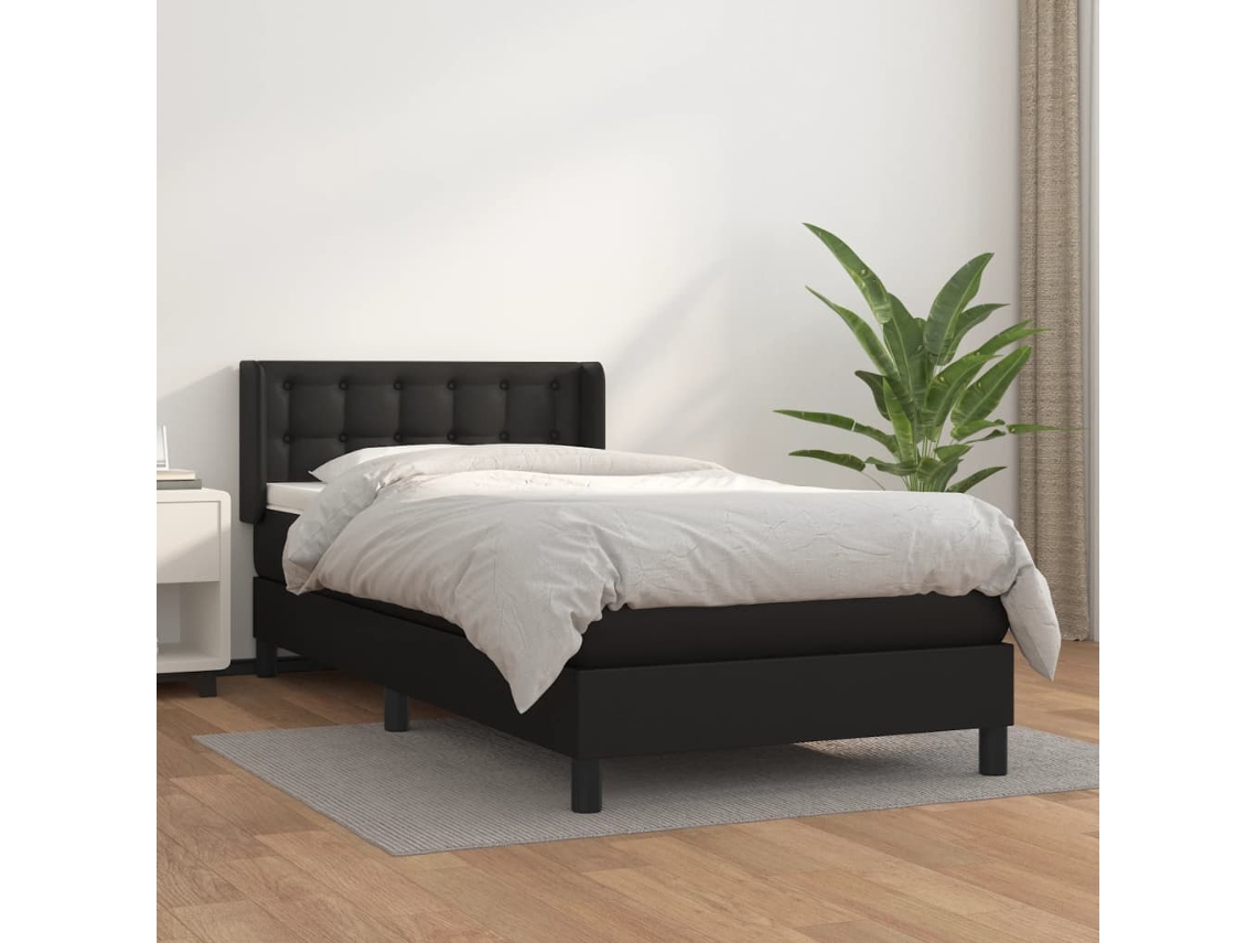 Cama con colchón de muelles y cabecero de piel sintética negra (100x200 cm)
