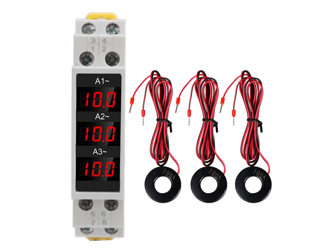 2026velora-ammeter Digital De 3 Fases Din Rail Con Led Y 3 Sensores Ac80‑500v 1‑100a Precisión Alta