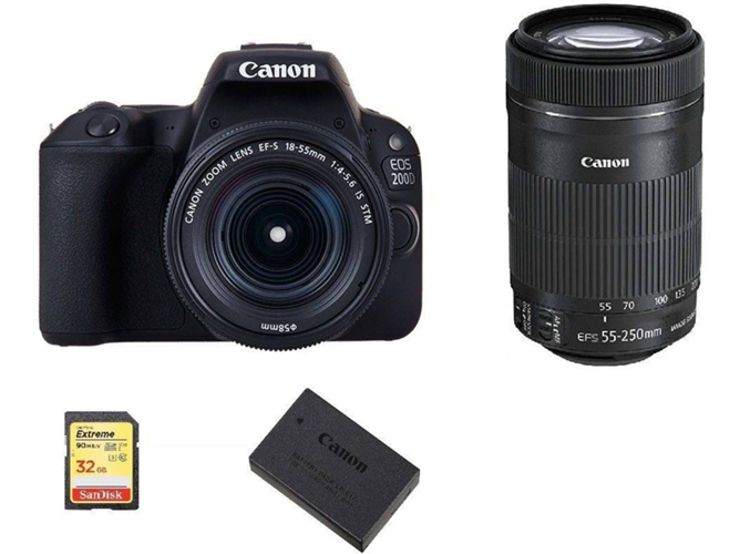 Kit Cámara Réflex CANON EOS 200D Negro EF-S 18-55mm F4-5.6 IS STM + EF-S 55-250mm F4-5.6 IS STM + 32G SD + LP-E17