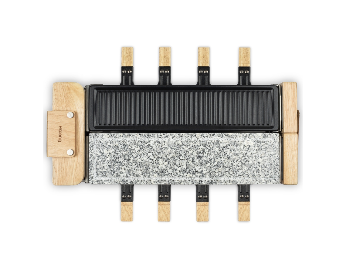 Máquina Raclette 8 Personas H.KOENIG WOD360, Piedra Natural y Grill, Base Giratoria 180°, Diseño en Madera, 8 Sartenes y 8 Espátulas, 1400 W