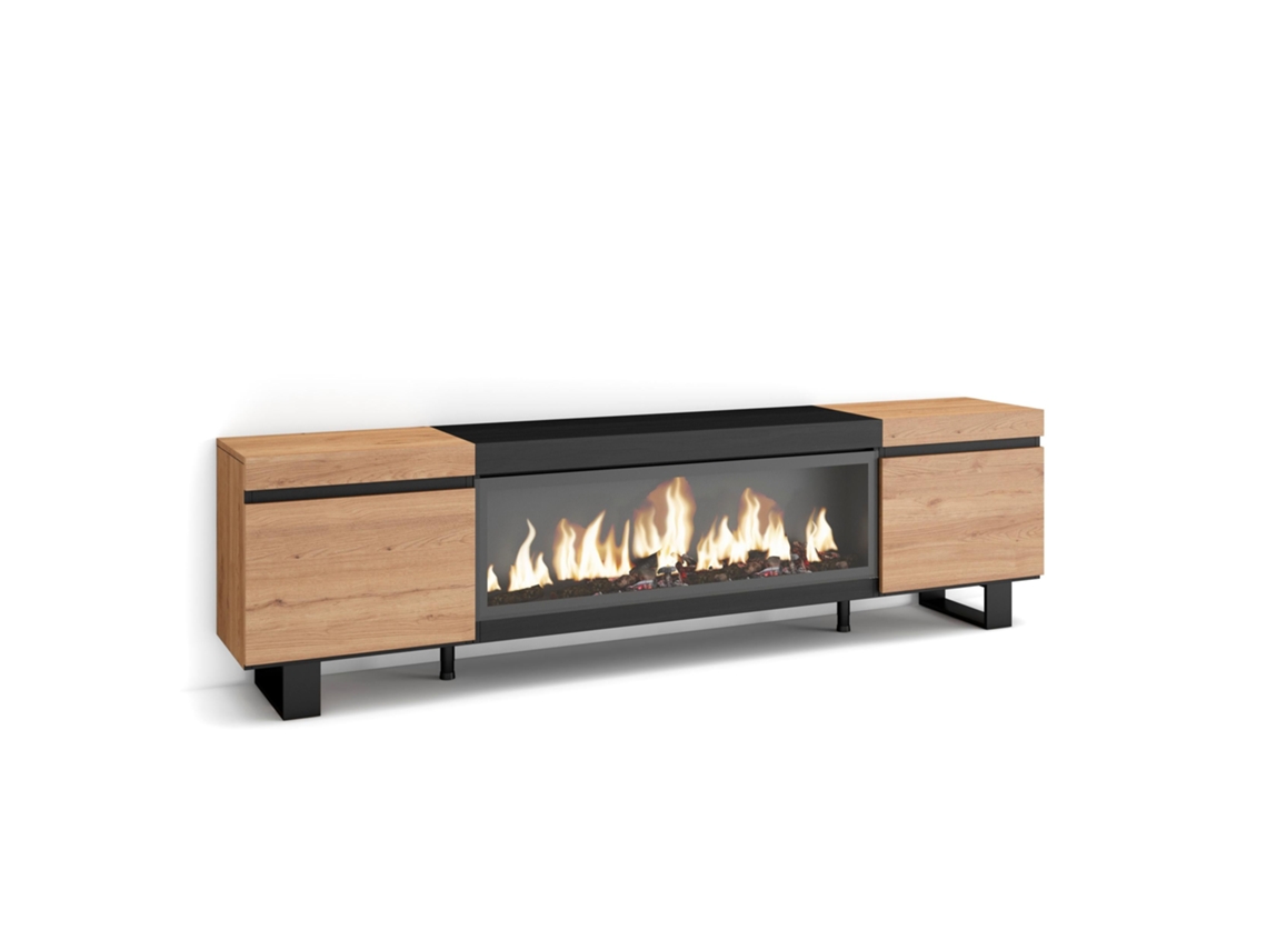 Mueble TV, Televisión, 210, Para TV hasta 80, Chimenea eléctrica XXL, Diseño industrial, Roble y negro SKRAUT HOME