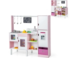 Cocina de Juguete de Madera 2 en 1, Cocina de Juego de Doble Cara con Luz y Sonido Realistas, Máquina de Hielo Interactiva y Pizarra COSTWAY