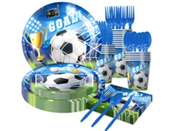 Juego de vajilla para fiesta del Mundial de Fútbol: platos de 7 y 9 pulgadas, vasos, servilletas y cubiertos azules. Decoración con temática deportiva. STELASPLEN