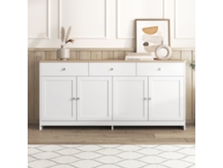 Aparador 160x37x75cm - 4 Puertas, 3 Cajones, Diseño Con Veta De Madera Blanca - Madera Y Blanco