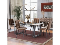 Juego de 4 sillas de comedor con estructura de metal y tela de terciopelo marrón.