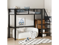 Cama Alta Metálica De 90x200 Cm Con Escalera, Estante De Almacenamiento Y Armario Empotrado, Color Negro.