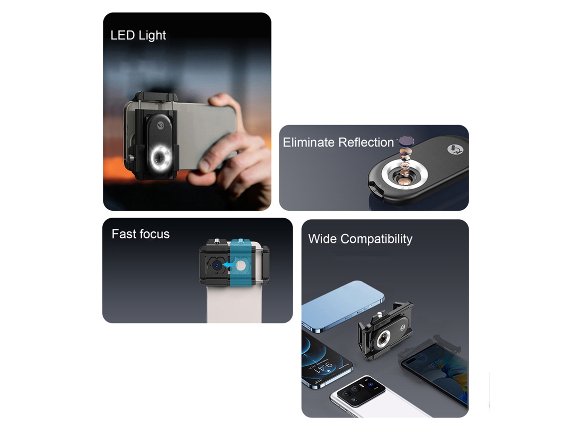Lente Macro 150x Para Teléfonos Con Luz Led, Filtro Cpl Y Clip Universal Para Ios Y Android.