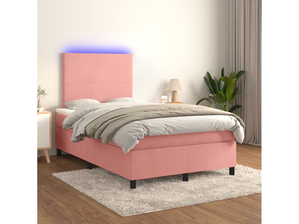 Cama Box Spring Colchón Y Led Terciopelo Rosa 120x200 Cm