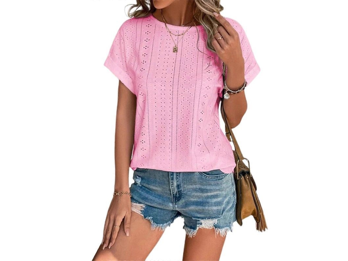 Camiseta De Manga Curta Com Detalhes De Ojal, Gola Redonda, Solta, Informal, Verão, Cor Verde Ervilha, Tamanho Xxxl, Rosa